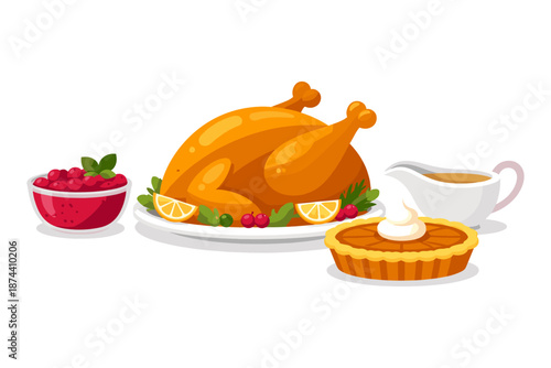 Traditional thanksgiving feast with roast turkey, pie, and side dishes