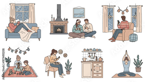 Diverse People Enjoying Cozy Indoor Winter Activities and Relaxation Moments With Smart Devices for Modern Lifestyle Visualization
