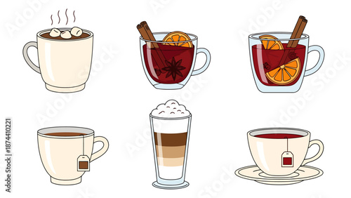 Collection of Warm Winter Drinks Including Cocoa Mulled Wine Coffee and Tea Presented Clearly On A White Background For Design