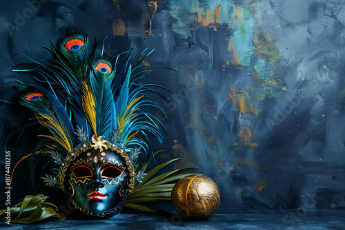 Colorful Carnival Mask with Feathers on Artistic Blue Background