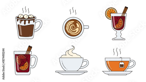 Collection of various hot beverages including coffee cocoa and mulled wine served in different cups and glasses for cozy winter or autumn enjoyment