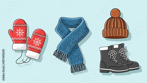 Winter Clothing Essentials Including Red Mittens Blue Scarf Knit Hat And Sturdy Boots For Cold Weather Protection