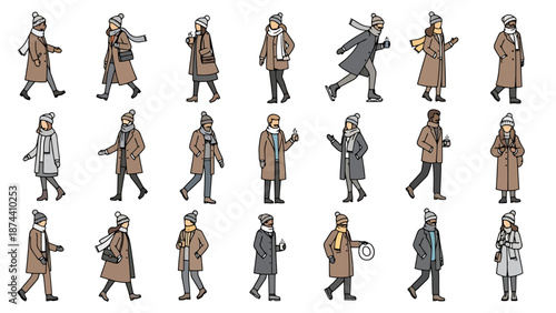 Collection Of Diverse People In Winter Coats And Hats Walking In Various Poses And Directions For Fashion And Lifestyle Projects