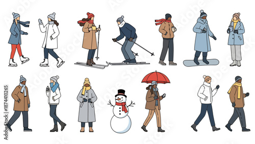 Diverse People Enjoying Winter Activities Including Skating Skiing Snowboarding And Walking With Umbrella And Snowman Companions