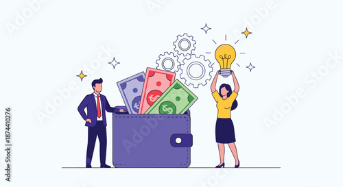 Business professionals manage financial investments and creative ideas with wallet, money, and gears for innovation.