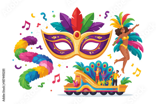 Vibrant carnival celebration with mask and dancers in colorful costumes