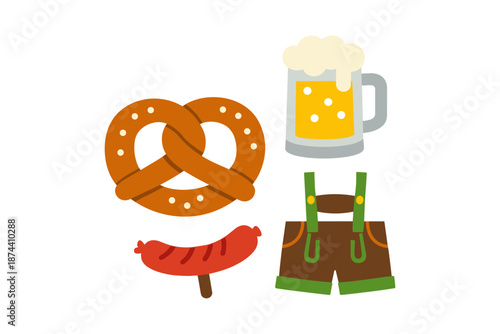 Oktoberfest celebration: beer, pretzel, sausage, and lederhosen icons