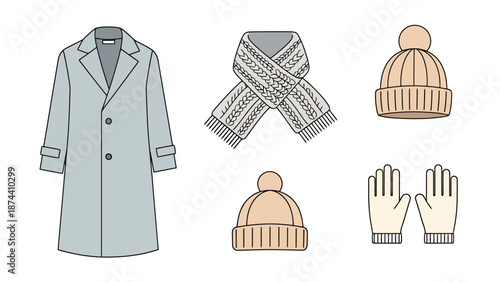 Collection of essential cold weather clothing items including a long coat scarf and knitted beanies with gloves for outdoor activities