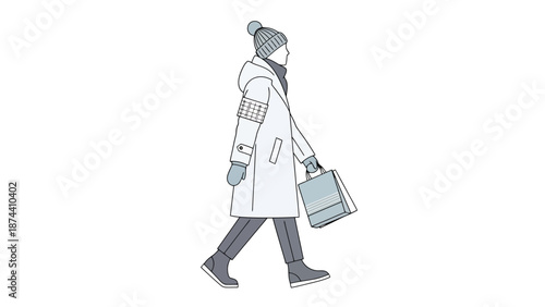 Lone Individual Dressed for Cold Weather Walks With Shopping Bag Isolated on White Background Minimalist Style