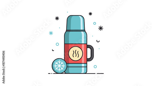Aqua Vacuum Flask with Red Band and Steam Icon Symbol for Hot Beverages Ready for Outdoor Adventure or Winter Warmth