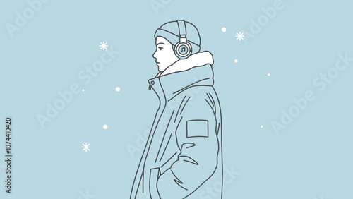 Young person wearing headphones and a winter hat stands in a snow flurry enjoying music during cold weather outdoor activity