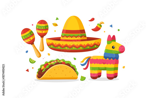 Colorful mexican fiesta elements with sombrero, taco, and piñata