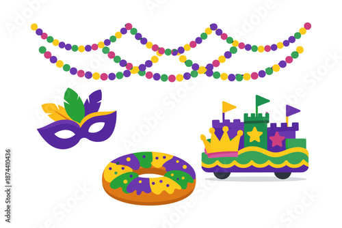 Colorful mardi gras elements with beads, mask, parade float, and king cake