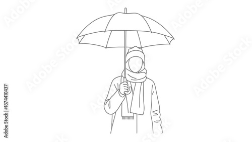 Person Wearing Scarf And Hat Holding Umbrella Isolated On White Line Art Simple Drawing Outdoor Protection Weather Protection