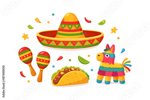 Festive mexican elements: sombrero, maracas, taco, piñata, peppers
