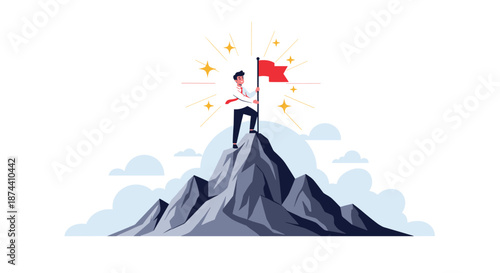 Successful businessman reaches mountain peak and plants victory flag to celebrate career achievement and goals.