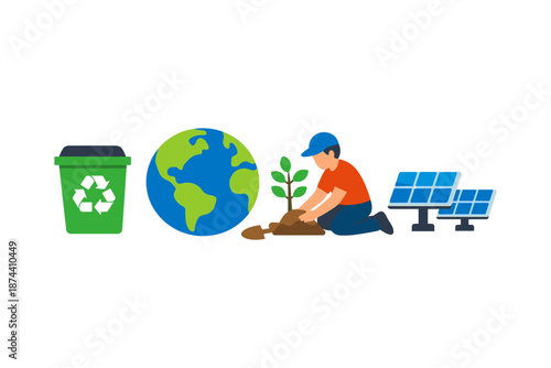 Eco-friendly actions: recycling, solar power, and planting for a greener earth