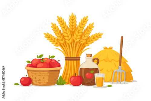 Autumn harvest theme with apples, wheat, and cider farm elements on white background
