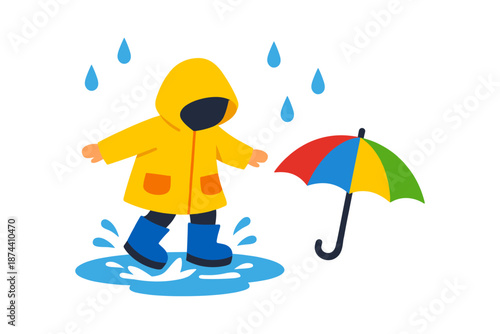 Colorful rainy day fun with kid in yellow raincoat and umbrella