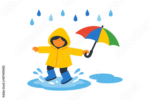 Child in yellow raincoat playing in puddle with colorful umbrella