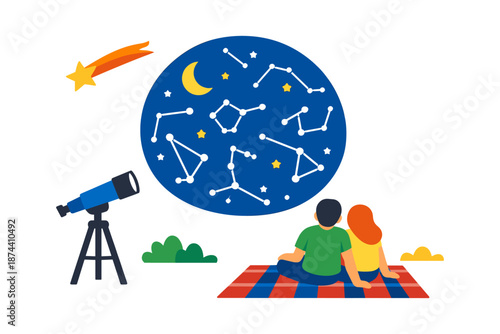Couple stargazing with telescope and constellations in night sky scene