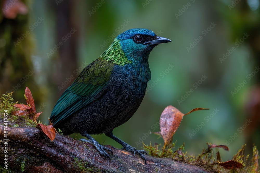 Obraz premium Vibrant iridescent bird perches on mossy branch in lush, dark forest environment