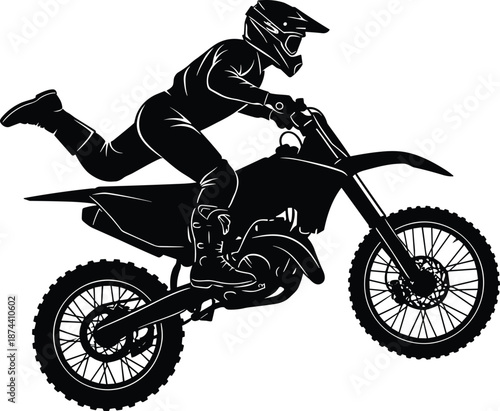 Motocross rider silhouette performing jump on dirt bike, extreme off road motorcycle action, black vector illustration isolated on white background