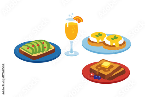 Delicious breakfast dishes with avocado toast, eggs benedict, french toast, and mimosa