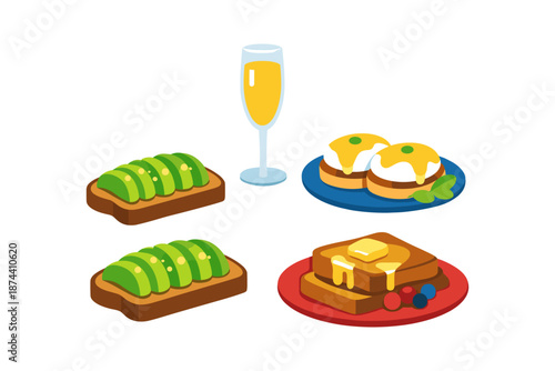Delicious brunch assortment: avocado toast, eggs benedict, mimosa, french toast
