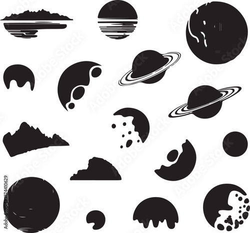 black and white illustrations of planets and moons in space