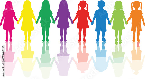 Children holding hands vector illustration, colorful silhouettes with reflections, unity and diversity design, vibrant childhood concept, educational poster template