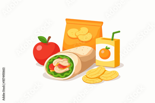 Colorful lunchtime meal with burrito, snacks, and fruit on white background