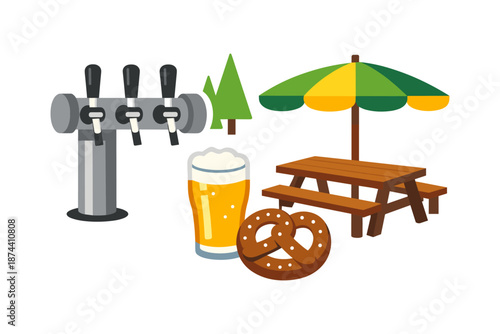Festive beer garden scene with pretzel and picnic table