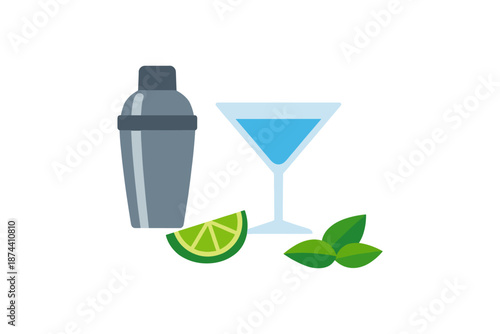 Colorful cocktail elements with shaker, glass, lime, and mint for beverage design
