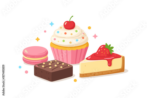 Colorful dessert collection featuring cupcake, macaron, brownie, and cheesecake