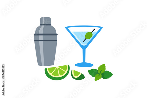 Cocktail shaker with martini glass: refreshing summer beverage essentials