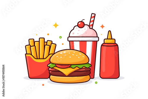 Colorful fast food combo with cheeseburger, fries, milkshake, and ketchup