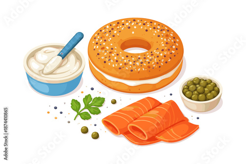 Delicious bagel and lox breakfast with cream cheese and capers on white background