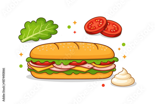 Fresh sandwich with ham, cheese, and vegetables on white background
