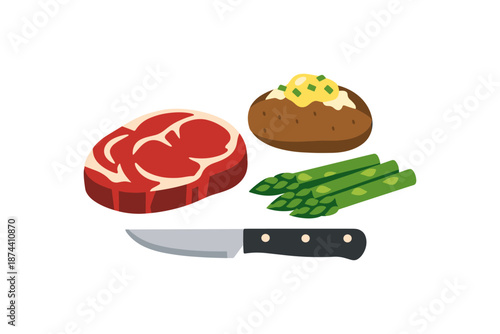Flat design steak dinner with asparagus and baked potato
