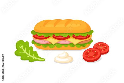 Delicious sandwich with ham and cheese on white background, flat style