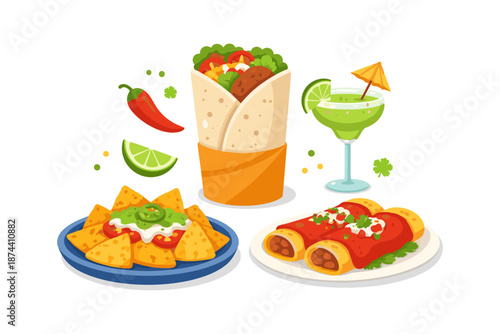 Delicious mexican cuisine with burrito, enchiladas, nachos, and margarita