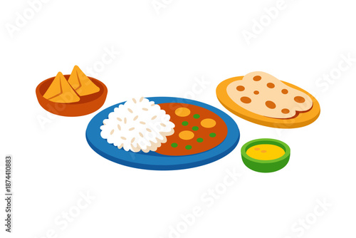 Indian cuisine with rice, curry, samosas, naan, and chutney on white background