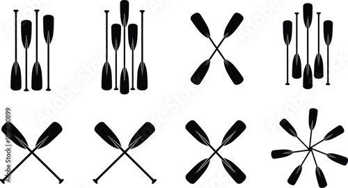 Paddle silhouette vector illustration, black icons in geometric arrangements, crossed and radial shapes, water sport design, decorative element, minimal style