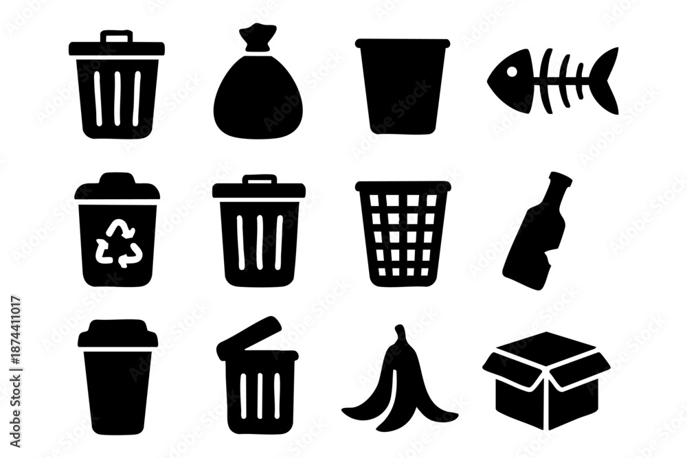 custom made wallpaper toronto digitalBlack and white trash and recycling bin icon set in hand drawn outline silhouette style