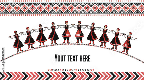 Eastern European folk art vector illustration, traditional costume group design, cultural heritage artwork, decorative embroidery border template, ethnic celebration poster