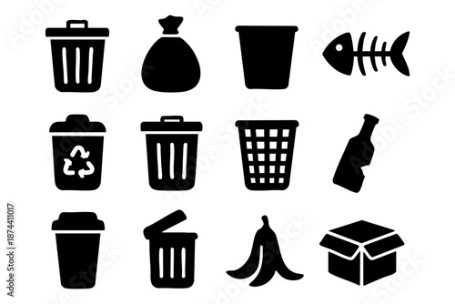 Black and white trash and recycling bin icon set in hand drawn outline silhouette style