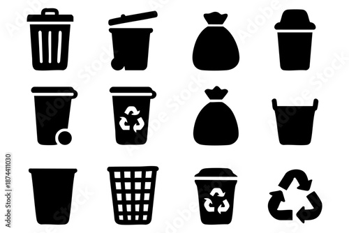 Black and white trash and recycling bin icon set in hand drawn outline silhouette style