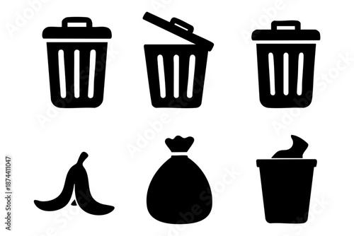 Black and white trash and recycling bin icon set in hand drawn outline silhouette style