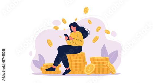 Young woman using a smartphone while sitting on a tall stack of golden coins representing online earnings and financial freedom.